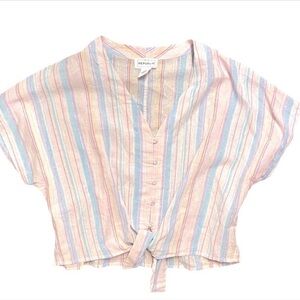 For The Republic Pastel Striped Tie-Front Blouse - Pink, Blue, Cream